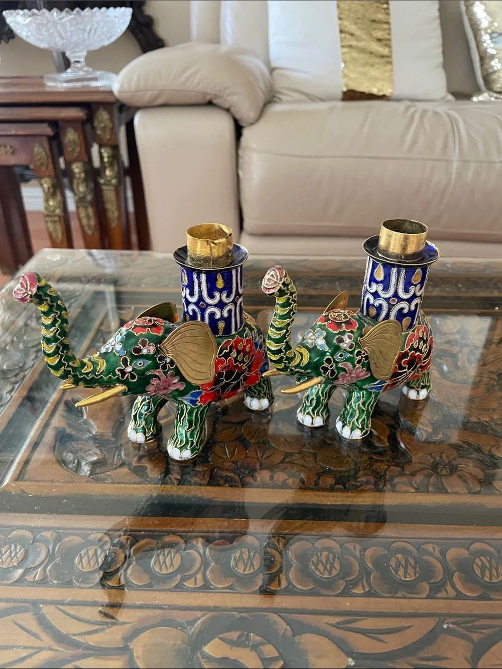 Vintage Pair of Chinese Cloisonne Elephant Candle Stick Holders